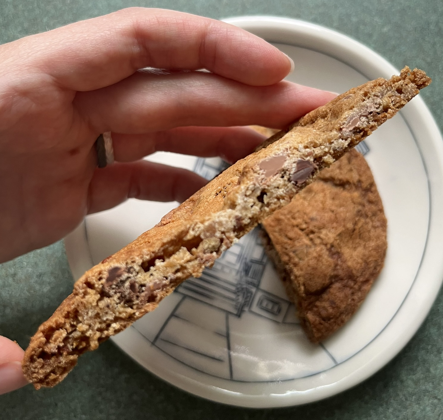 A cross section of the cookie. It is thin, with small milk and dark chocolate chips.